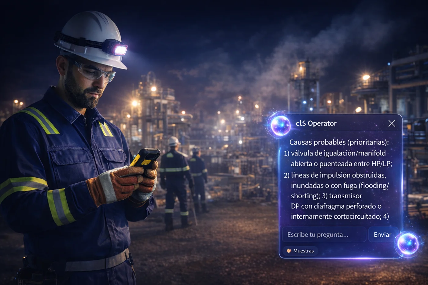 Representación del operador industrial consultando el asistente de IA